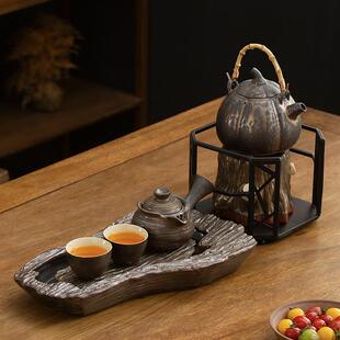 高档鎏金储水茶盘酒精明火烧水煮茶壶 家用庭院户外功夫茶具小套装