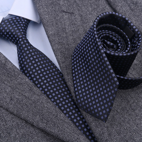 真丝手打深蓝波点商务领带