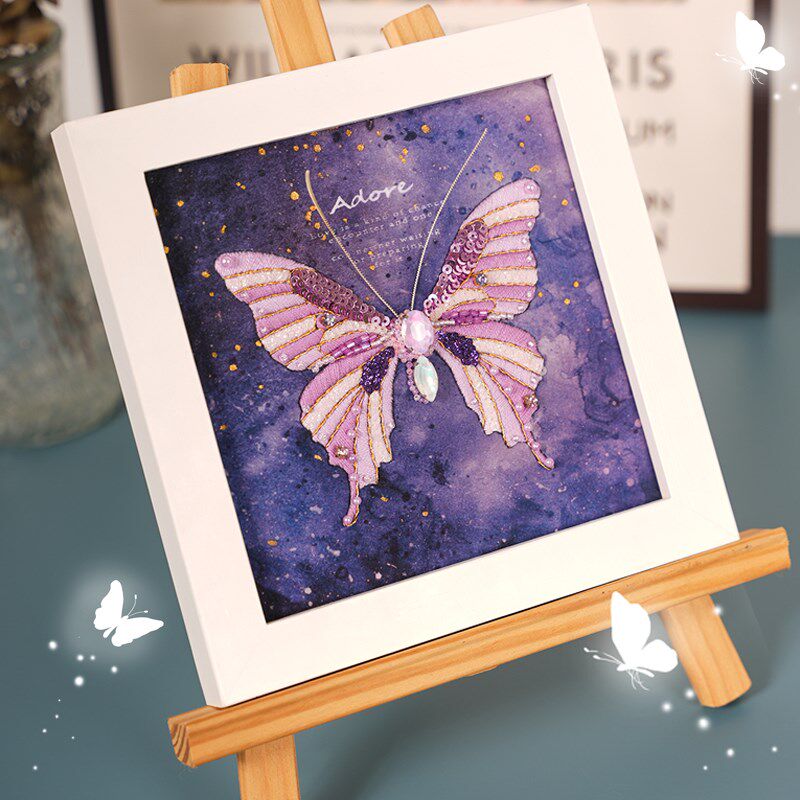 欧式立体蝴蝶刺绣手工diy材料包相框画摆台摆件法式珠绣立早手作