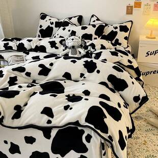 牛绒四件套冬ZVI季加厚保暖被套双面性简约奶上奶牛床黑白个斑点
