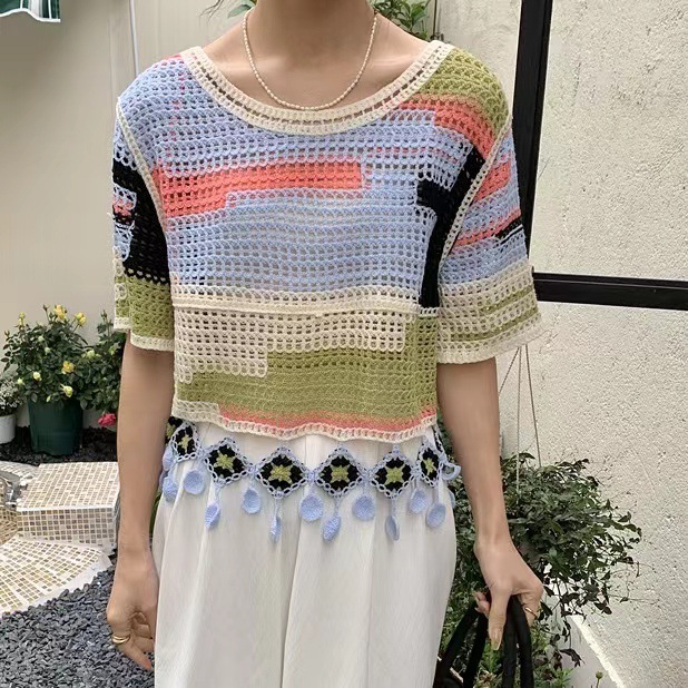 薄款冰丝针织衫2024年夏季新款时尚女装短袖镂空防晒罩衫上衣爆款