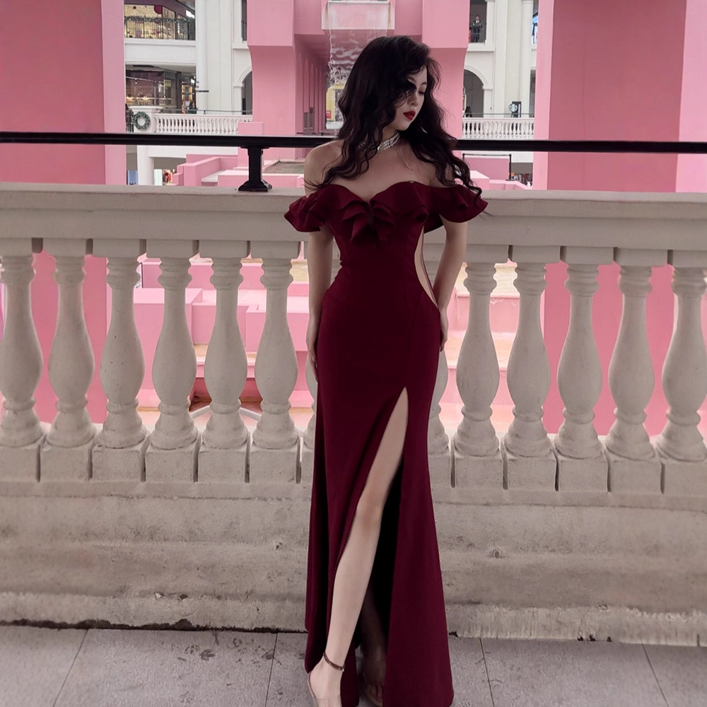 法式气质名媛独特超好看性感露腰一字肩连衣裙高级感生日宴会礼服