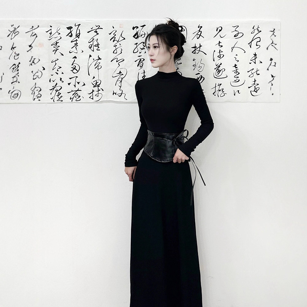 美式复古黑色半高领长袖连衣裙女春秋冬季新款收腰显瘦鱼尾长裙子