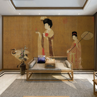 唐代美人簪仕女图墙纸国画中式古典壁纸饭店民宿摄影背景墙壁画
