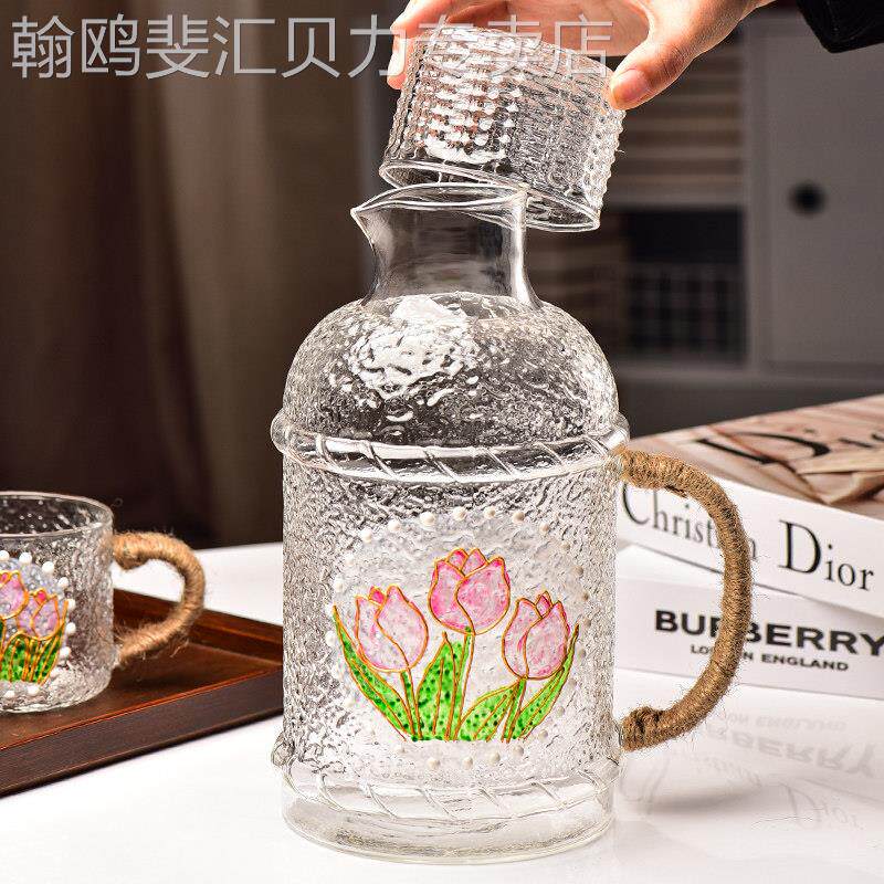 日式彩绘冷水壶玻璃耐高温冷水壶套装家用泡茶壶凉开 水杯客厅轻