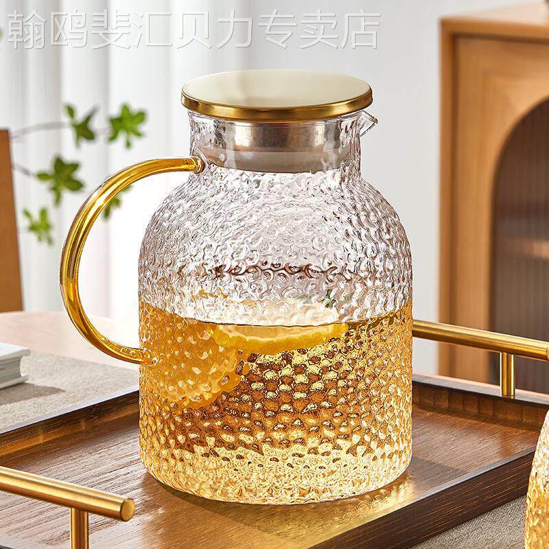 冷水壶家用大容量高硼硅玻璃茶壶套装复古锤纹玻璃家用壶带盖水壶