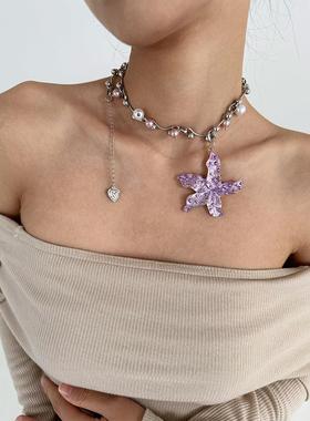 atmshop浪漫金属海星花朵吊坠珍珠拼接重工覆古轻奢项炼可调节