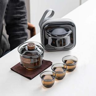 户外高档泡茶壶便携一壶四杯快客杯 透黑轻奢玻璃旅行功夫茶具套装