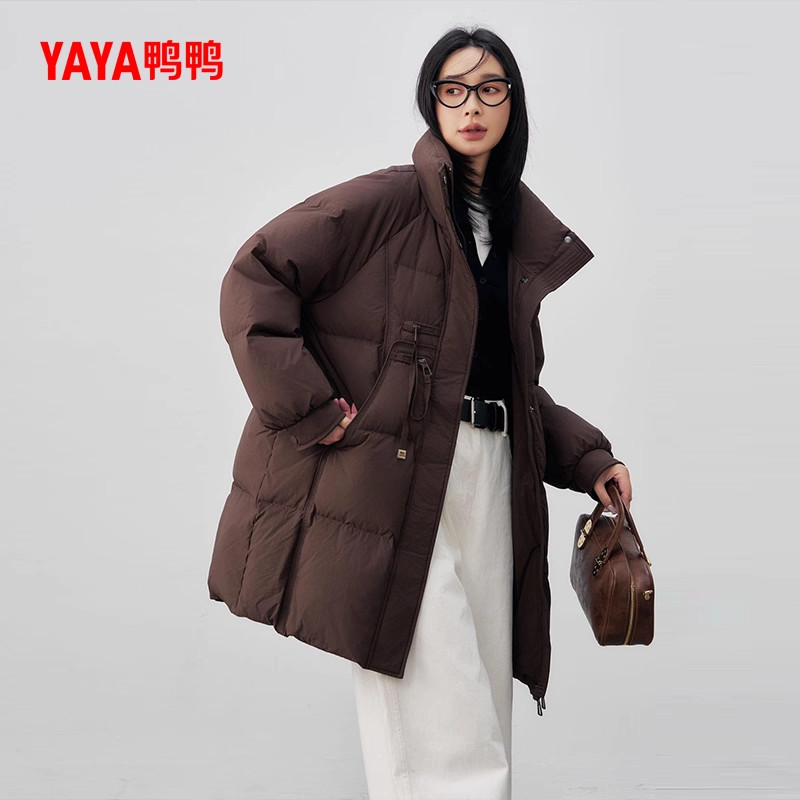 YAYA鸭鸭2025年冬季韩版立领中长款羽绒服女宽松直筒休闲时尚加厚