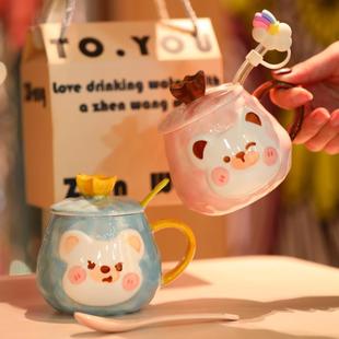 潮流家用 马克杯子创意陶瓷带盖带勺可爱手绘女早餐有手柄水杯个性