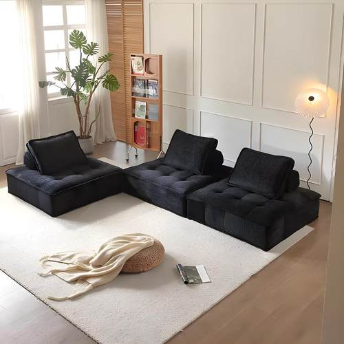 意式皮埃蒙特豆腐块黑色雪尼尔布艺单人直排模块自由组合方块沙发