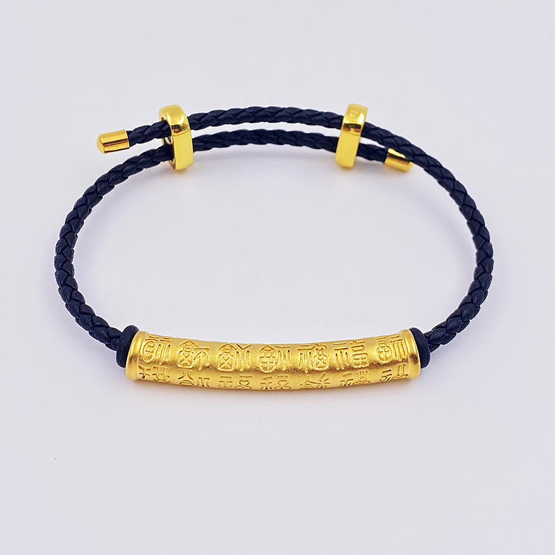 沙金心经百福弯管红n手绳手链不锈钢丝绳皮绳串转运珠红绳可调长