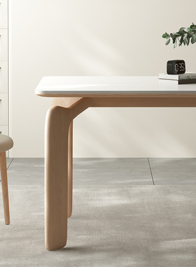 复古实木餐桌长方形现代家用侘寂风创意哑光纯白色岩板餐桌