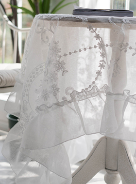 韩式田园风小茶几餐桌布长方形甜品台布白色蕾丝刺绣盖巾布艺