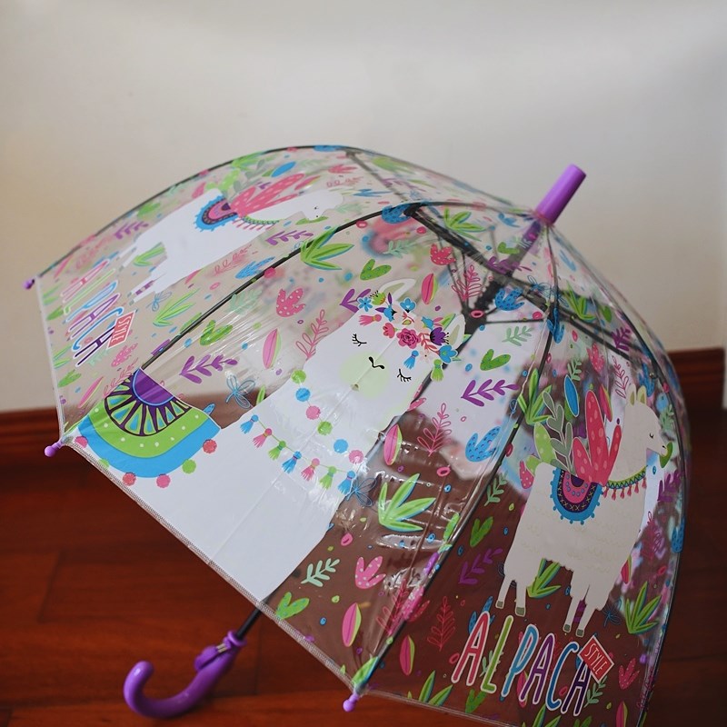 可爱炫彩羊驼拱形雨伞幼儿园小朋友半儿童自动透明塑料长柄伞轻便