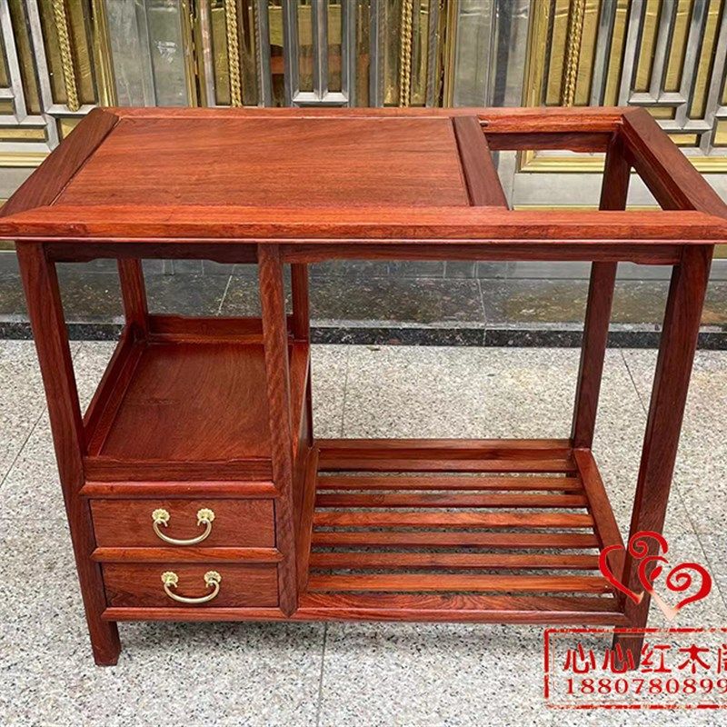 缅甸梨大果紫檀茶台中式茶几阳台休闲桌生磨烫蜡茶桌