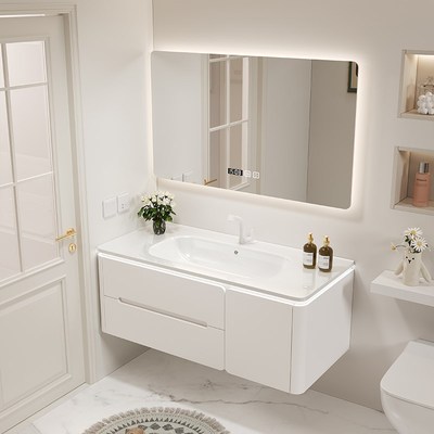 现代圆角陶瓷一体盆橡木烤漆浴室柜卫生间洗脸洗漱洗手盆