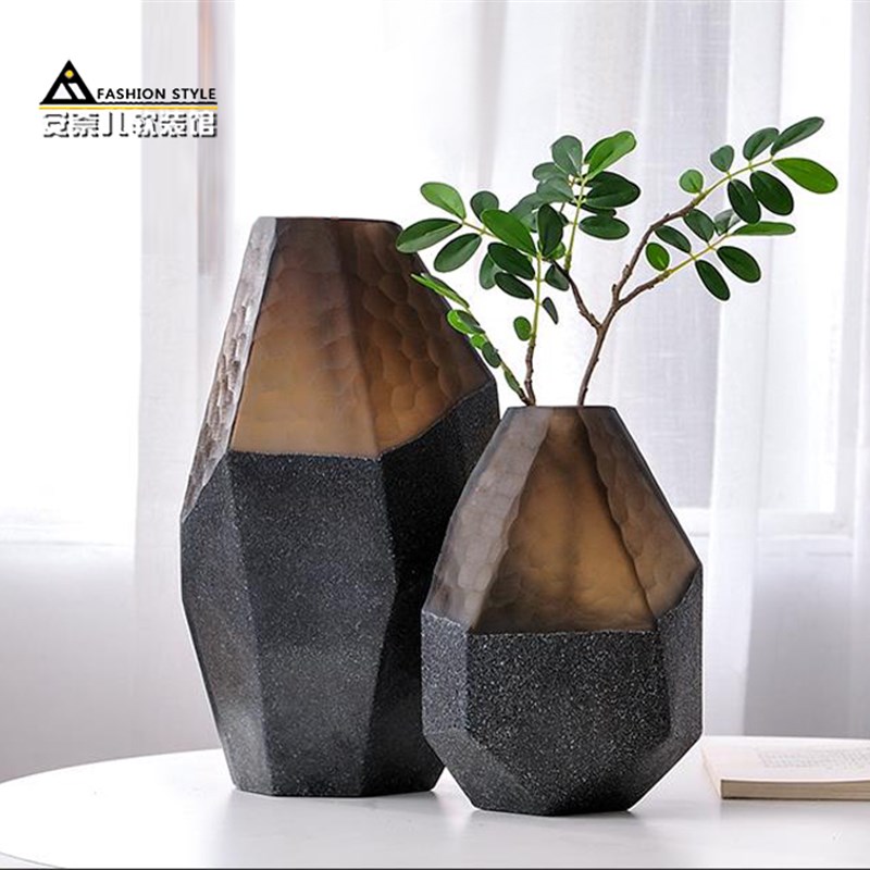 精品咖色刻磨几何玻璃花瓶不规则切面蓝色装饰插花器现代创意摆件