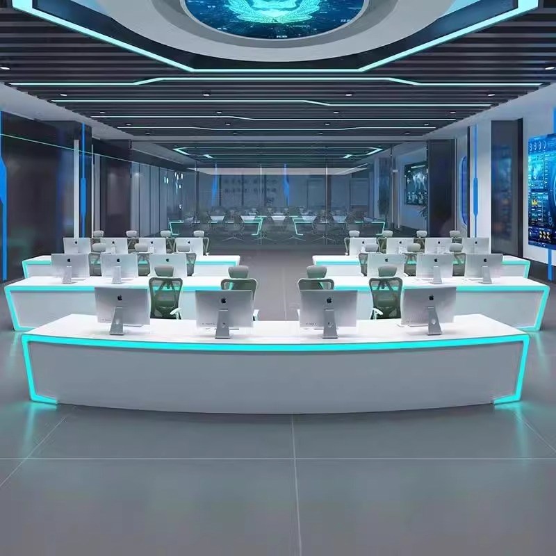 科技感多屏互动控制台烤漆指挥台弧形操作台指挥大厅指挥台接待台