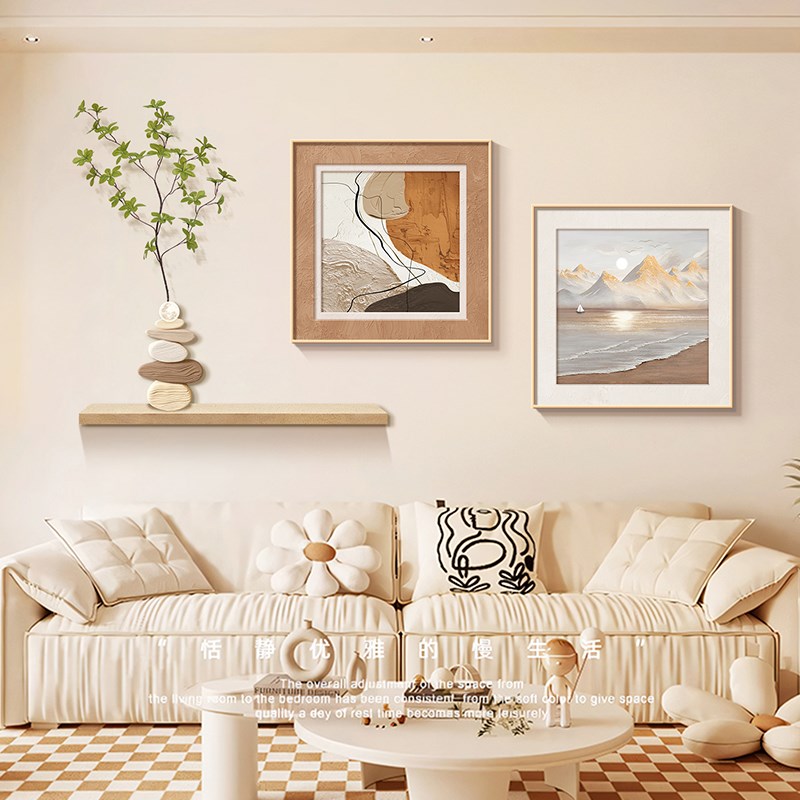 现代简约原木风抽象小众艺术沙发背景墙装饰画海边风景肌理感挂画