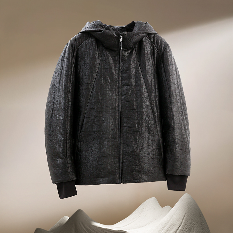【卓尔不群】龟裂纹香云纱连帽羽绒服男设计师款白鸭绒加厚上衣潮