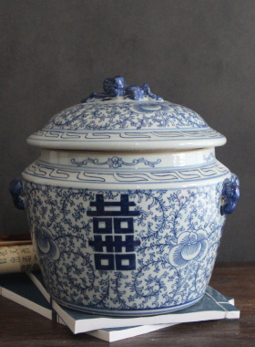 手绘喜字陶瓷青花瓷覆古茶叶罐插花彷古中式客厅博古架装饰摆件