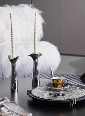 现代简约胡桃木皮革马毛圆形托盘置物创意摆件桌面装饰品样板间