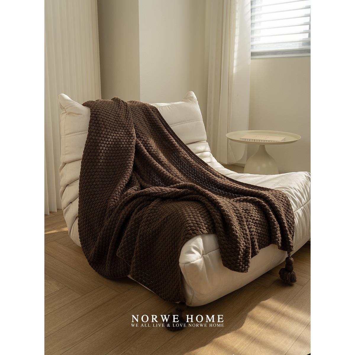美拉德毛毯北欧大吊穗纯色盖毯民宿床尾毯针织搭毯棕咖沙发毯简约