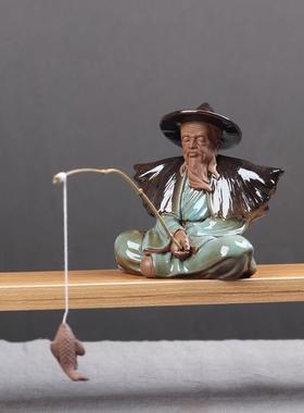 陶瓷姜太公钓鱼客厅摆件鱼翁鱼缸沉底装饰假山根雕水族箱意境造景