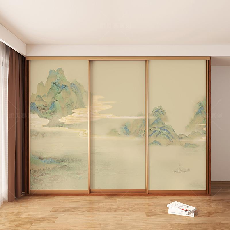 新中式山水画翻新衣柜门贴纸装饰卧室柜子玻璃门遮丑贴画自粘加厚图片