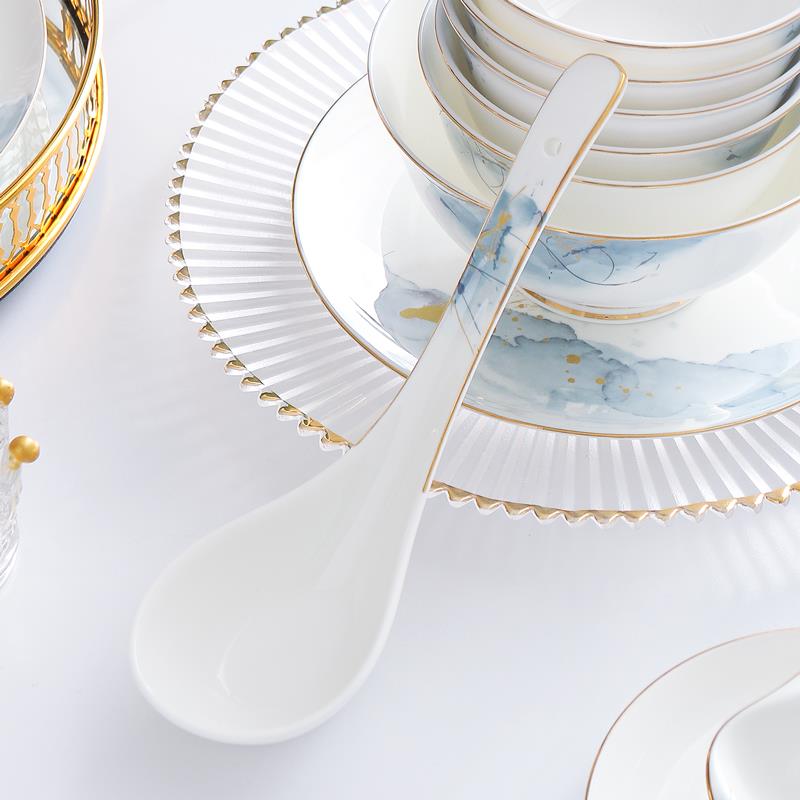 家用圆形大汤勺骨瓷长柄调羹勺子陶瓷描金大勺唐山骨瓷粥勺稀饭