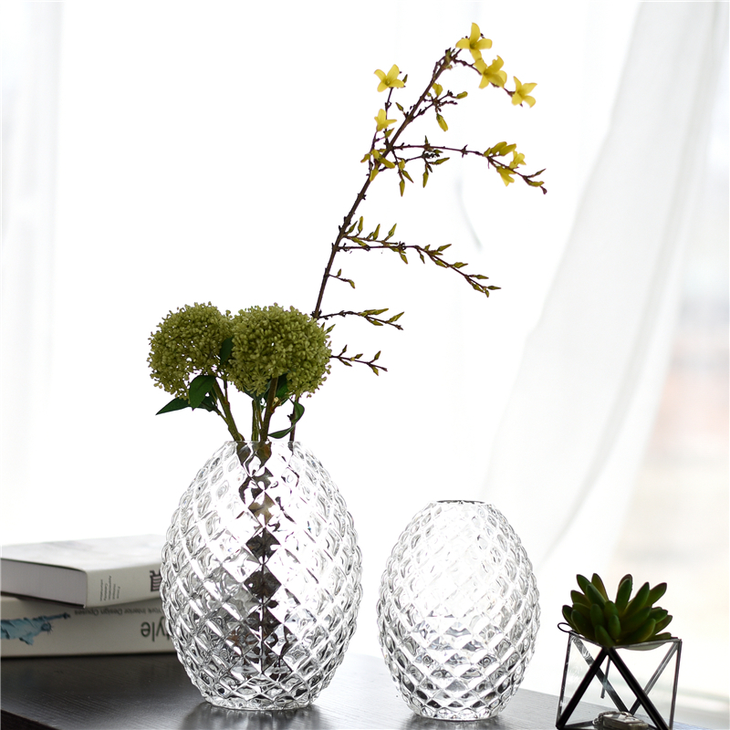 欧式浮雕菠萝创意玻璃艺术花瓶绿萝插花台面样板间装饰品