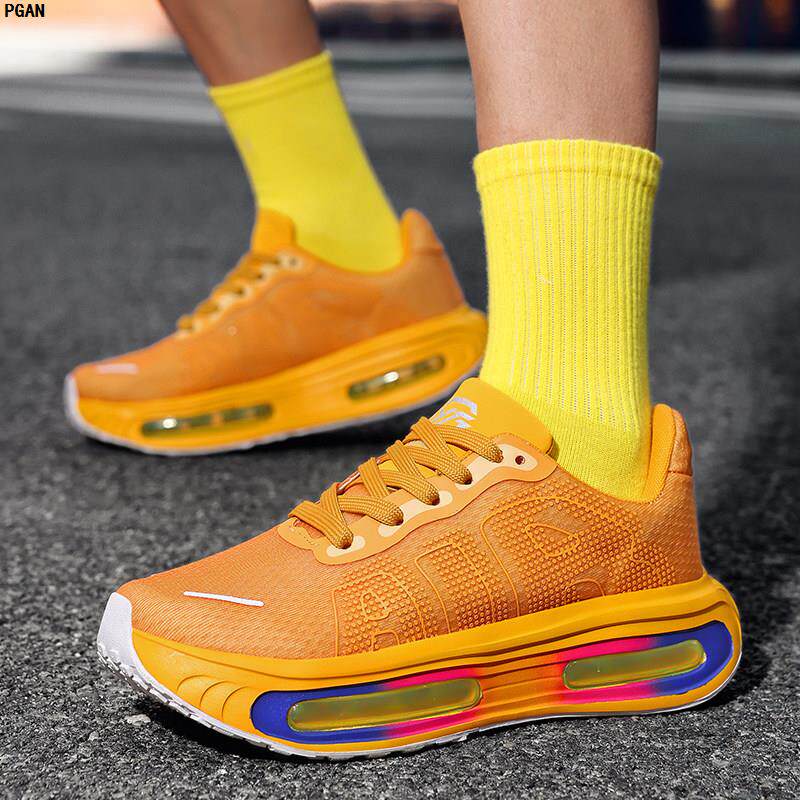 气垫飞织网面鞋透气男士休闲运动鞋轻便软底减震黄色红色跑步鞋女