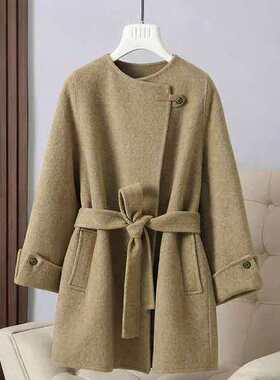 秋冬新款高端双面毛呢大衣单粒扣腰带中长款百搭气质大衣-DY0191