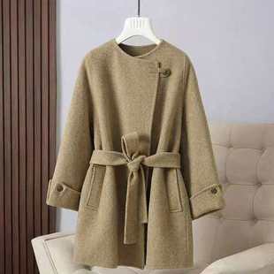 DY0191 百搭气质大衣 秋冬新款 高端双面毛呢大衣单粒扣腰带中长款
