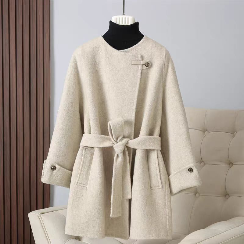 双面毛呢大衣单粒扣腰带中长款