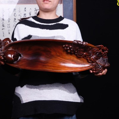 老挝大红酸枝木雕果盘文玩托盘文承盘干泡茶台聚宝盆家居茶桌摆件