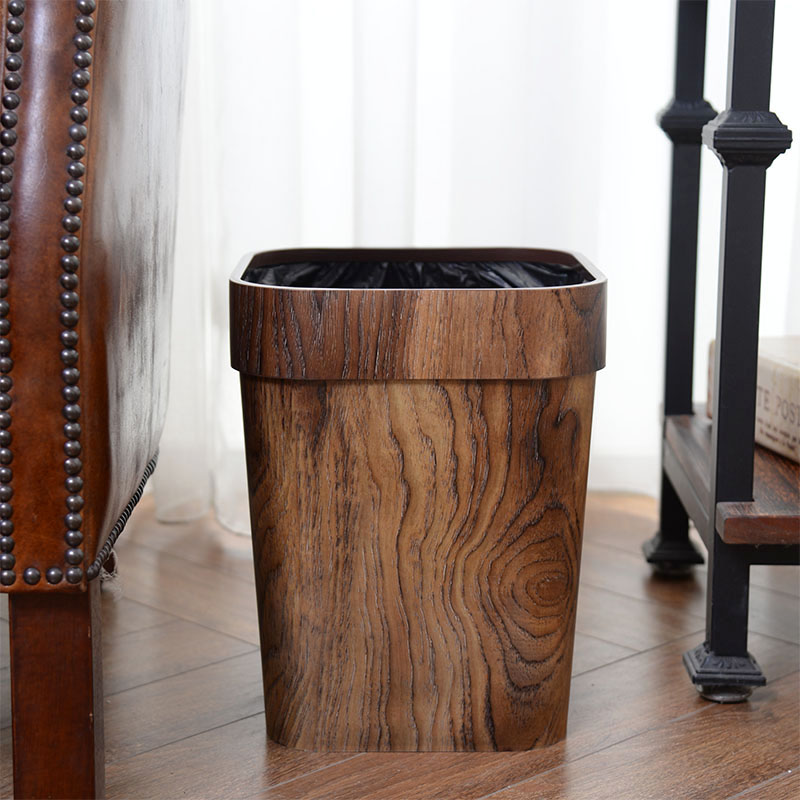 家用仿木纹垃圾桶客厅无盖大号创意正方形塑料带压圈卫生间纸篓