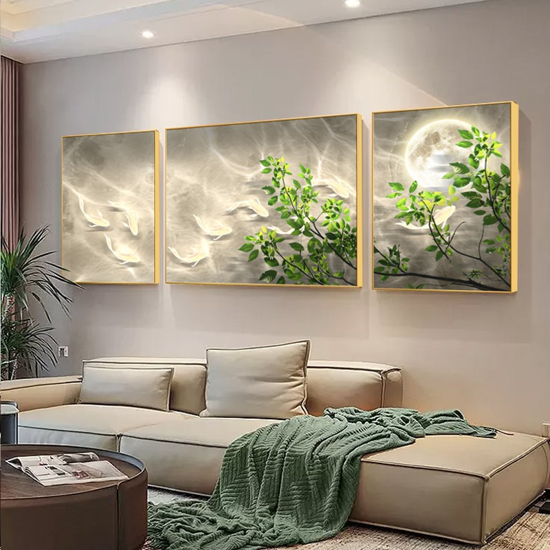 九鱼图客厅装饰画现代轻奢沙发背景墙挂画绿植三联高级感抽象壁画图片