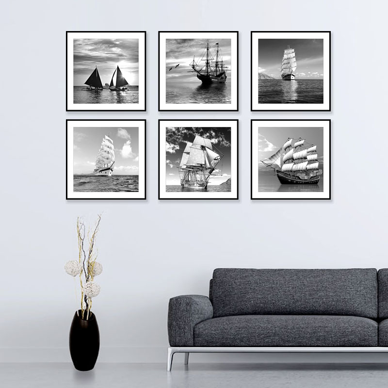 黑白装饰画工业风办公室挂画现代简约客厅背景墙壁画卧室床头帆船图片