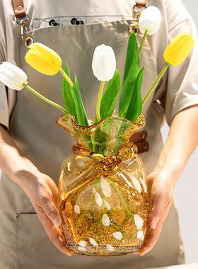 新中式福袋轻奢金色玻璃异形花瓶插花样板间客厅餐桌面仿真花摆件