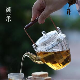 耐高温家用玻璃壶明火烧水壶 红檀木玻璃提梁壶 围炉煮茶壶泡茶壶