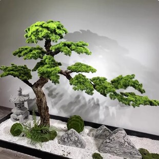 彷真迎客松树大型假树新中式室内外楼梯下枯山水造景绿植干景摆件