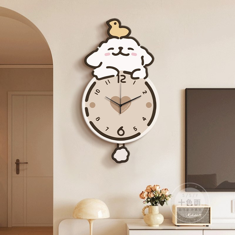 奶油风客厅钟表装饰画线条小狗电视背景墙挂钟画创意卡通时钟壁画
