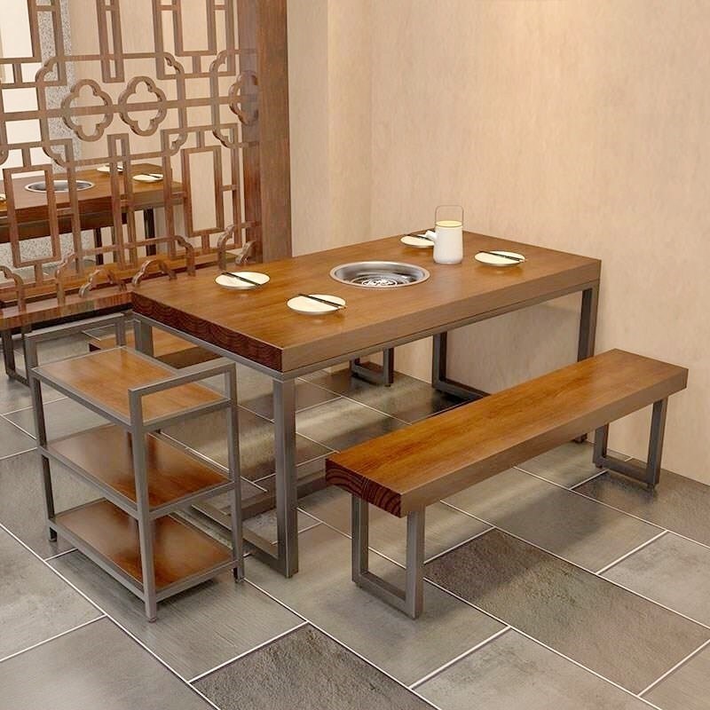 饭店餐厅休闲火锅实木餐桌酒店商用长方形复古桌子铁艺餐桌椅