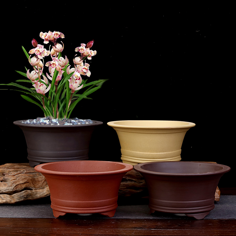 无锡紫砂花盆圆形桌面绿植多肉文竹悬崖兰草老桩盆景盆中国风透气