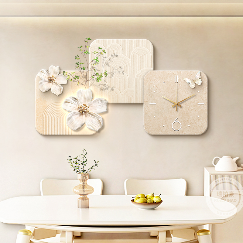 法式奶油风餐厅装饰画带钟表立体客厅背景墙挂画高级感餐边柜壁画