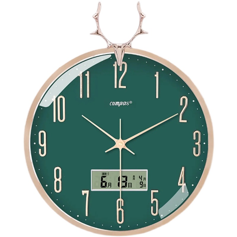 康巴丝客厅挂钟鹿头时尚静音石英钟表日历温湿度卧室壁挂装饰时钟