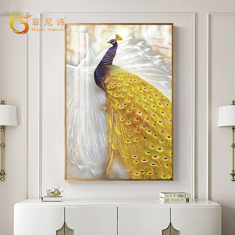 玄关入户轻现代奢装饰画招财金孔雀贴钻晶瓷画欧式过道壁画竖挂画图片