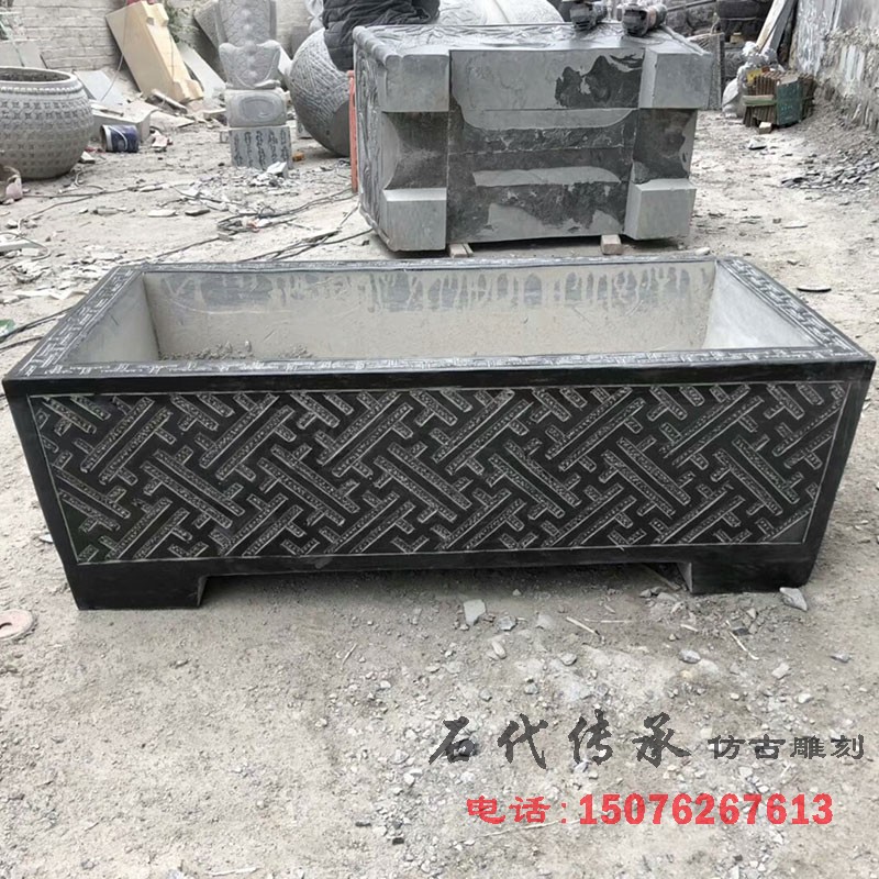 青石鱼缸花盆仿古石雕石盆老石槽流水摆件石头鱼缸养鱼池庭院摆件